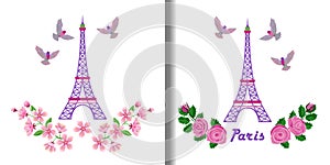 Eiffel tower embroidery patterns set with flowers and birds