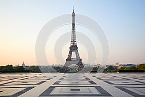 Eiffel tower, empty Trocadero, nobody in a clear morning in Paris, France