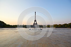 Eiffel tower and empty Trocadero square, nobody in a clear morning in Paris, France