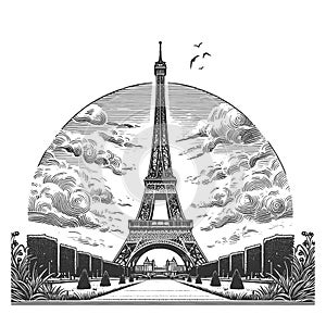 Eiffel Tower engraving sketch raster illustration