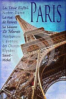 The Eiffel tower and famous places of Paris, vintage style photo