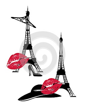 eiffel tower with fashion accessories and red lips kiss mark vector design set