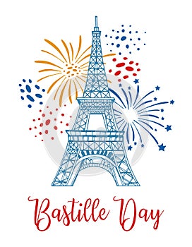 Eiffel tower and fireworks. Bastille Day design template