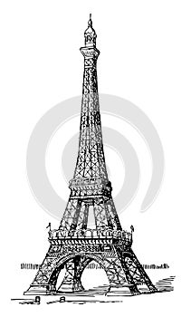 Eiffel Tower, first and second levels,  vintage engraving