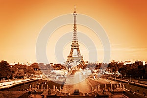 Eiffel Tower and fountain, Paris, France. Vintage