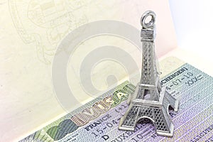 Eiffel tower on French Schengen visa close up