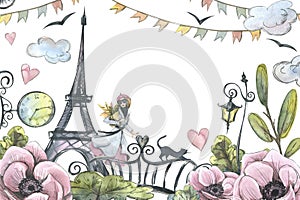 Eiffel Tower with girl, lantern, bridge and flowers. Watercolor illustration in sketch style with graphic elements