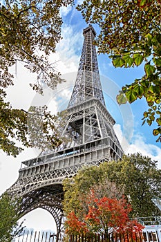 Eiffel Tower in the green of the trees against the blue sky on a bright sunny autumn day.