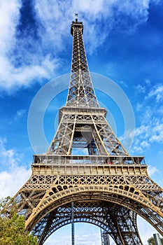 Eiffel Tower in the green of the trees against the blue sky on a bright sunny day.