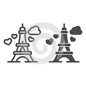 Eiffel Tower with heart line and solid icon, valentine day concept, romance travel sign on white background, Paris as