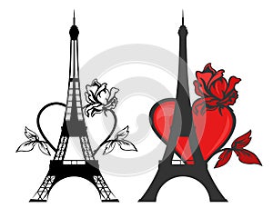 Eiffel tower and heart shape rose flower outline vector design set