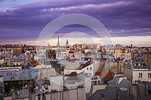 Eiffel Tower and Invalides in Paris Skyline at dramatic evening, France