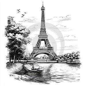 Eiffel Tower isolate 3D model. Eiffel Tower in Paris illustration art print.