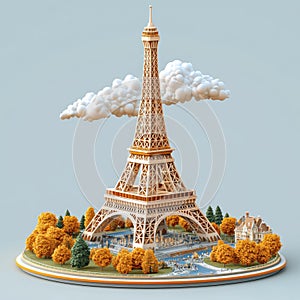 Eiffel Tower isolate 3D model. Eiffel Tower in Paris illustration art print.