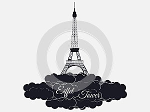 Eiffel tower isolated on white background. Eiffel Tower in the clouds. Sights of Paris and France.