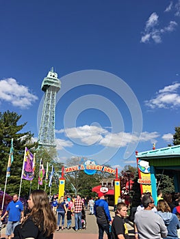 Eiffel Tower at Kings Island, with Planet Snoopy sign.