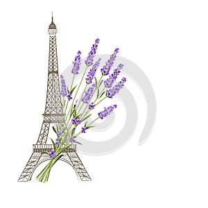 Eiffel tower with lavender flowers.