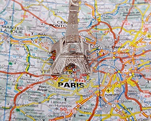 Eiffel Tower on a map of Paris,