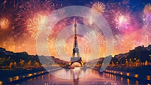 Eiffel tower at night with festive fireworks