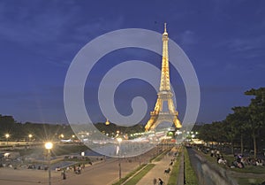 Eiffel Tower in night light, Paris, France.