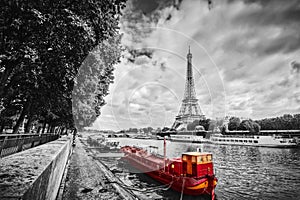 Eiffel Tower over Seine river in Paris, France. Vintage