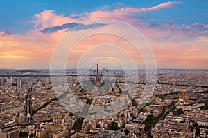 Eiffel Tower in Paris aerial sunset France