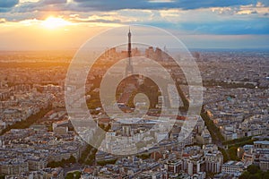 Eiffel Tower in Paris aerial sunset France