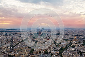 Eiffel Tower in Paris aerial sunset France