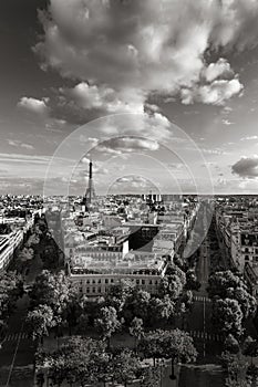 Eiffel Tower and Paris avenues in Black & White. France