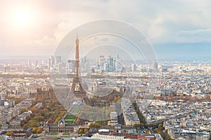 Eiffel tower and Paris city view form Montparnasse tower. Aerial panormic view of Paris skyline.