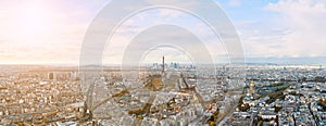 Eiffel tower and Paris city view form Montparnasse tower panorama. Sunny autumn day. Aerial panormic view of Paris