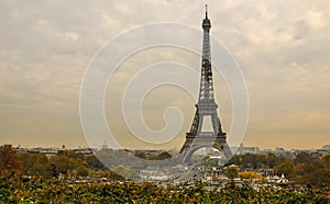 Eiffel Tower and Paris cityscape from Jardins de Trocadero during sunset in autumn, Paris, France