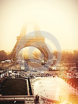 Eiffel Tower, Paris. Dawn fog