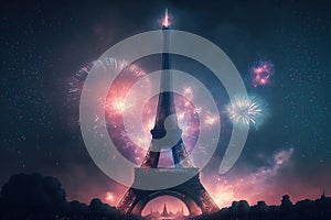 Eiffel Tower in Paris with fireworks. Generative AI