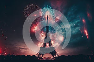 Eiffel Tower in Paris with fireworks. Generative AI