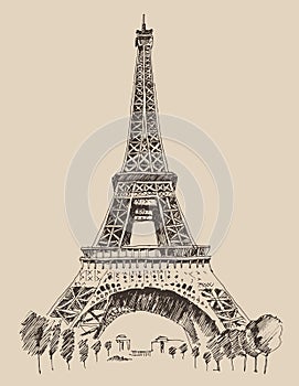 Eiffel Tower, Paris France architecture, vintage engraved illustration