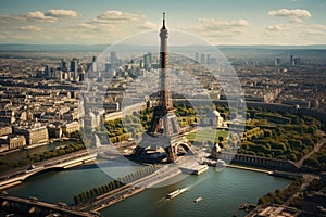 Eiffel Tower in Paris, France. Beautiful panoramic view. Aerial view of the Eiffel Tower, AI Generated