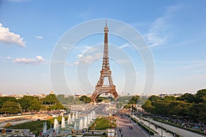 Eiffel Tower, in Paris, France, on a busy evening.