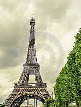 the Eiffel Tower in Paris, France, with an effect of old postcard