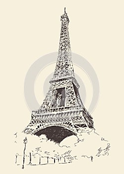 Eiffel Tower Paris France Engraved Hand Drawn