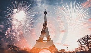 Eiffel tower Paris, France with fireworks - Celebrating New Year in the city