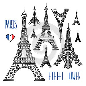 Eiffel Tower, Paris, France freehand vector doodle sketch drawings.