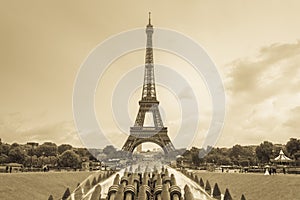 Eiffel tower, Paris, France. Sepia monochrome