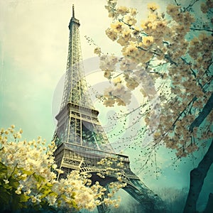 Eiffel Tower in Paris, France. Spring blossom over vintage background