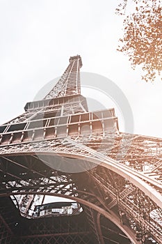 Eiffel Tower in Paris France on Sunny Day from a Low Angle Shot