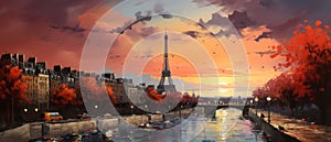 Eiffel Tower in Paris, France at sunset. Digital oil color painting