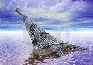 Eiffel tower Paris France under water flood and climate changes concept.