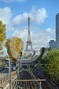 Eiffel Tower in Paris and the railway on a sunny day