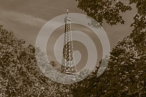 Eiffel Tower in Paris at summer colored in sepia