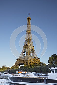 Eiffel Tower, Paris, at sunset from Seine